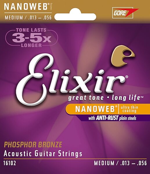 Elixir Phosphor Bronze Nanoweb Acoustic Guitar Strings, 16102, Medium, 3-Pack, 16102