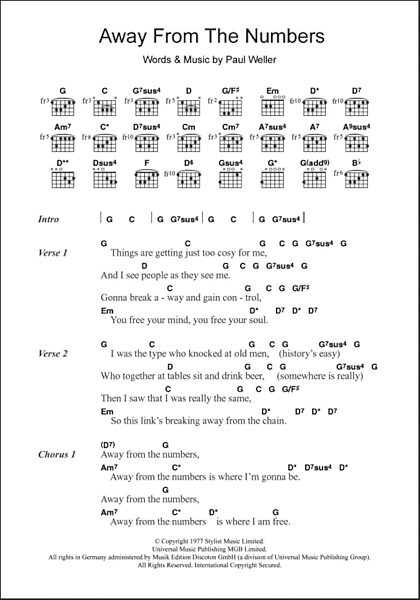 Away From The Numbers - Guitar Chords/Lyrics, New, Main