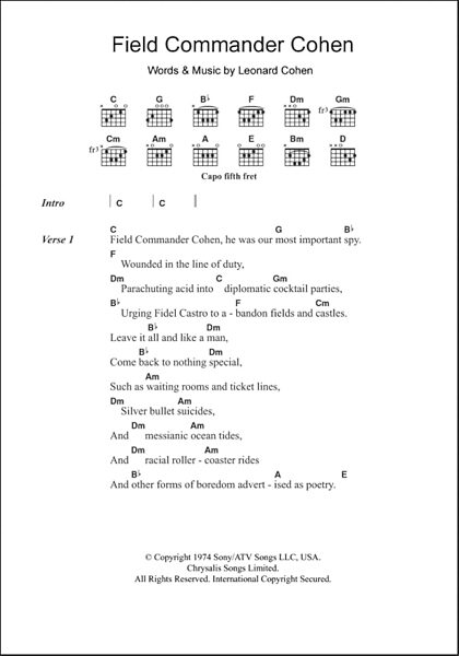 Field Commander Cohen - Guitar Chords/Lyrics, New, Main