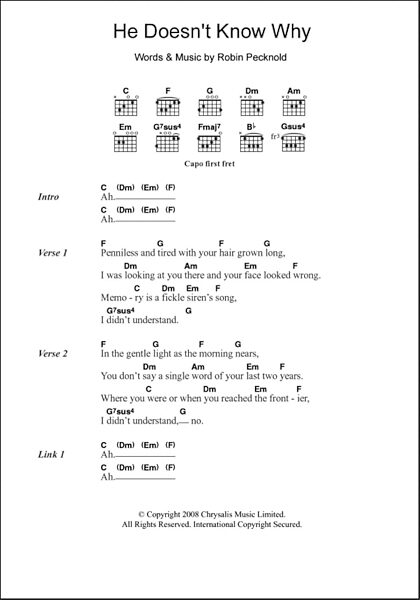 He Doesn't Know Why - Guitar Chords/Lyrics, New, Main