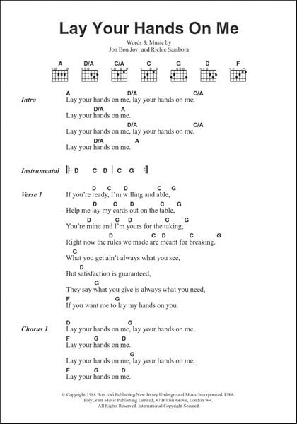 Lay Your Hands On Me - Guitar Chords/Lyrics, New, Main