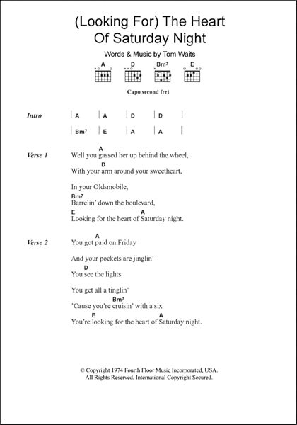 (Looking For) The Heart Of Saturday Night - Guitar Chords/Lyrics, New, Main