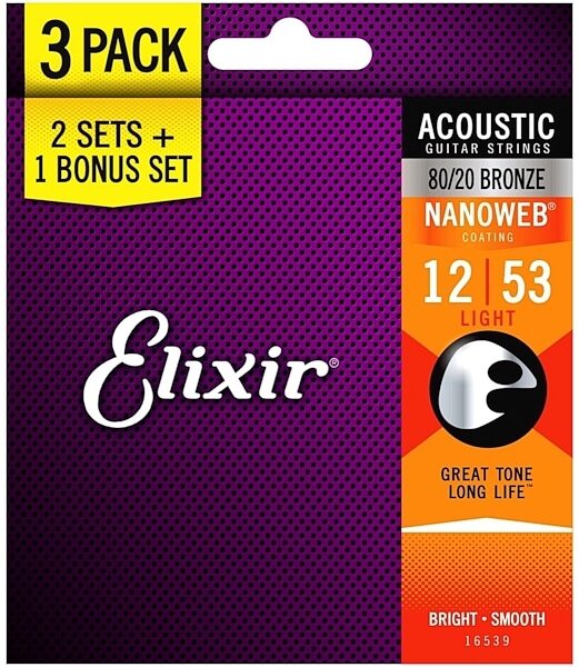 Elixir NanoWeb 80/20 Bronze Acoustic Guitar Strings (3-Pack), Main