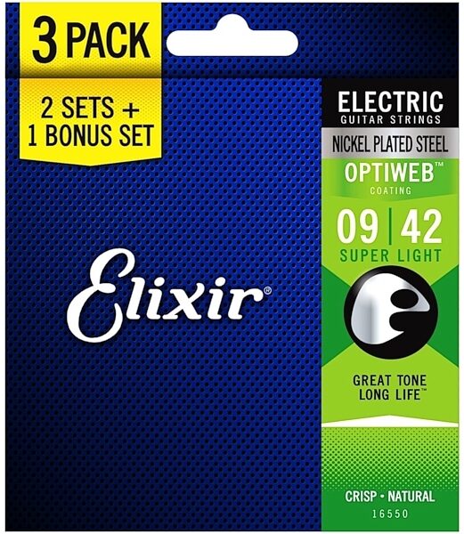 Elixir Optiweb Nickel Plated Steel Electric Guitar Strings (3-Pack), Super Light (9-42), (2 Sets + 1 Free Set), Main