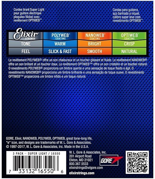 Elixir Optiweb Nickel Plated Steel Electric Guitar Strings (3-Pack), Super Light (9-42), (2 Sets + 1 Free Set), Back