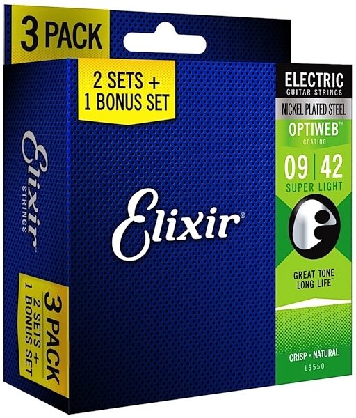 Elixir Optiweb Nickel Plated Steel Electric Guitar Strings (3-Pack), Super Light (9-42), (2 Sets + 1 Free Set), Side