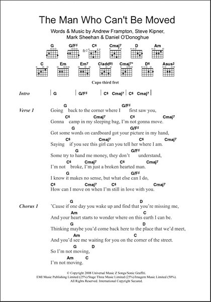 The Man Who Can't Be Moved - Guitar Chords/Lyrics, New, Main