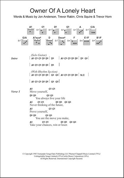 Owner Of A Lonely Heart - Guitar Chords/Lyrics, New, Main