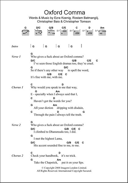 Oxford Comma - Guitar Chords/Lyrics, New, Main