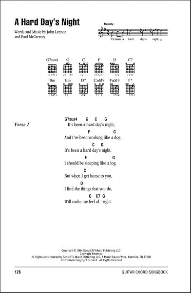 A Hard Day's Night - Guitar Chords/Lyrics, New, Main