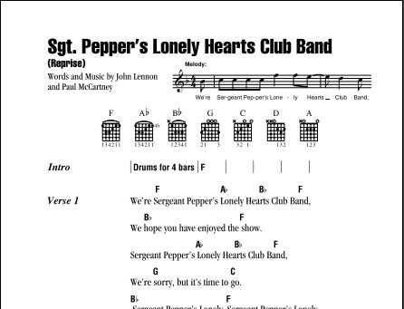 Sgt. Pepper's Lonely Hearts Club Band (Reprise) - Guitar Chords/Lyrics, New, Main