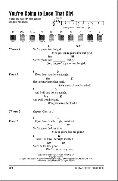 You're Going To Lose That Girl - Guitar Chords/Lyrics, New, Main