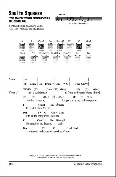 Soul To Squeeze - Guitar Chords/Lyrics, New, Main