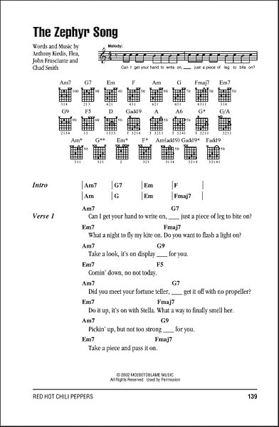 The Zephyr Song - Guitar Chords/Lyrics, New, Main