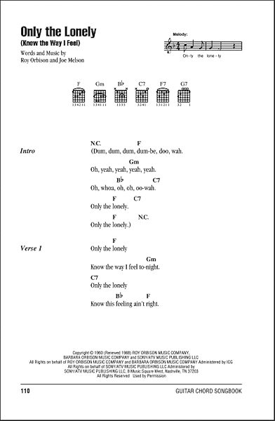Only The Lonely (Know The Way I Feel) - Guitar Chords/Lyrics, New, Main