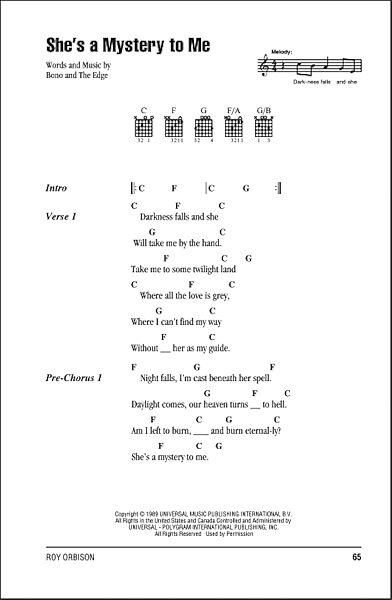 She's A Mystery To Me - Guitar Chords/Lyrics, New, Main