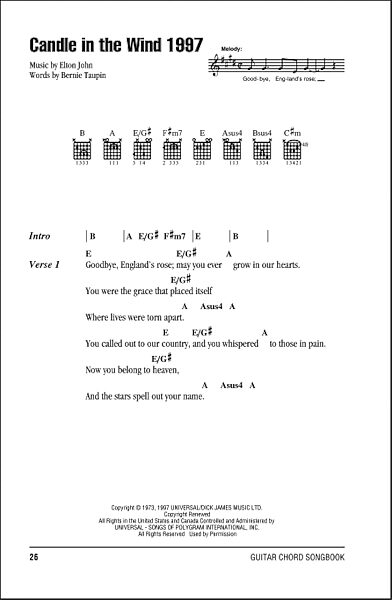 Candle In The Wind 1997 - Guitar Chords/Lyrics, New, Main