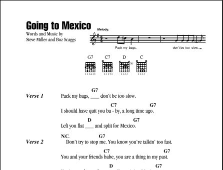 Going To Mexico - Guitar Chords/Lyrics, New, Main