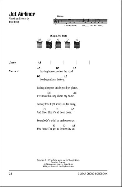 Jet Airliner - Guitar Chords/Lyrics, New, Main