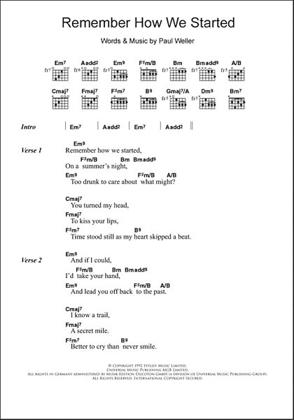 Remember How We Started - Guitar Chords/Lyrics, New, Main