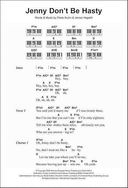 Jenny Don't Be Hasty - Piano Chords/Lyrics, New, Main
