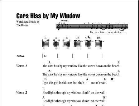 Cars Hiss By My Window - Guitar Chords/Lyrics, New, Main
