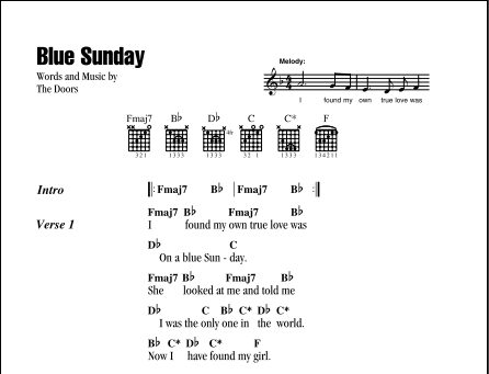 Blue Sunday - Guitar Chords/Lyrics, New, Main