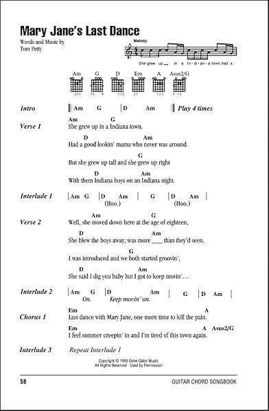 Mary Jane's Last Dance - Guitar Chords/Lyrics, New, Main