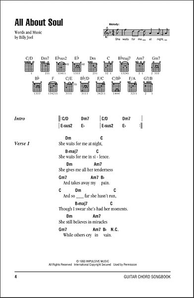 All About Soul - Guitar Chords/Lyrics, New, Main