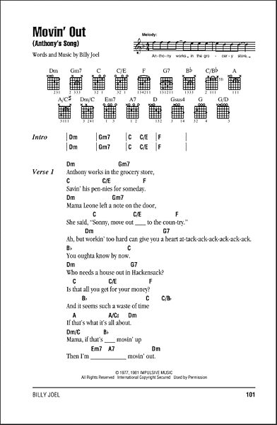 Movin' Out (Anthony's Song) - Guitar Chords/Lyrics, New, Main