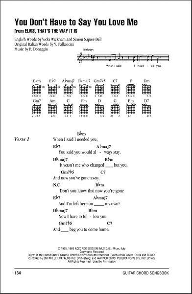 You Don't Have To Say You Love Me - Guitar Chords/Lyrics, New, Main