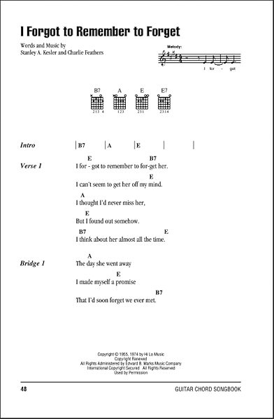 I Forgot To Remember To Forget - Guitar Chords/Lyrics, New, Main