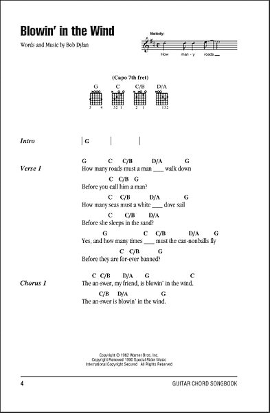 Blowin' In The Wind - Guitar Chords/Lyrics, New, Main