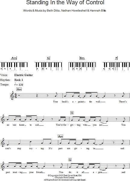 Standing In The Way Of Control - Piano Chords/Lyrics, New, Main