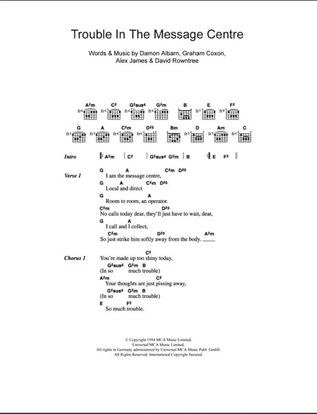 Trouble In The Message Centre - Guitar Chords/Lyrics, New, Main