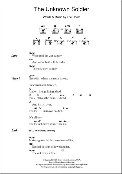 The Unknown Soldier - Guitar Chords/Lyrics, New, Main