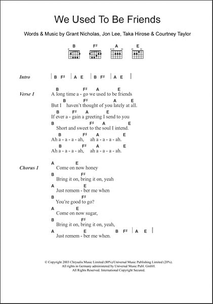 We Used To Be Friends - Guitar Chords/Lyrics, New, Main