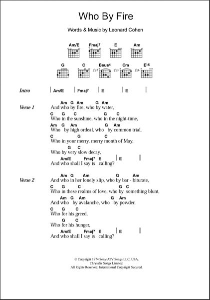 Who By Fire - Guitar Chords/Lyrics, New, Main