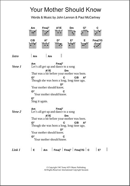 Your Mother Should Know - Guitar Chords/Lyrics, New, Main