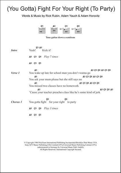 Fight For Your Right (To Party) - Guitar Chords/Lyrics, New, Main
