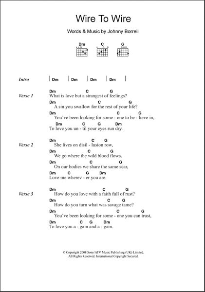 Wire To Wire - Guitar Chords/Lyrics, New, Main