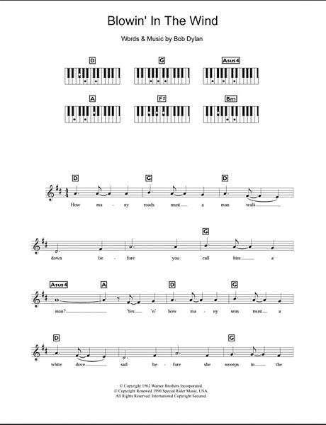 Blowin' In The Wind - Piano Chords/Lyrics, New, Main