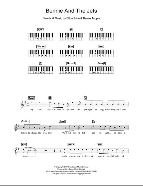 Bennie And The Jets - Piano Chords/Lyrics, New, Main