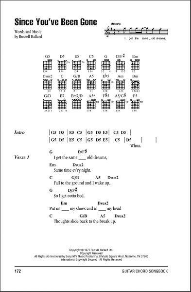 Since You've Been Gone - Guitar Chords/Lyrics, New, Main