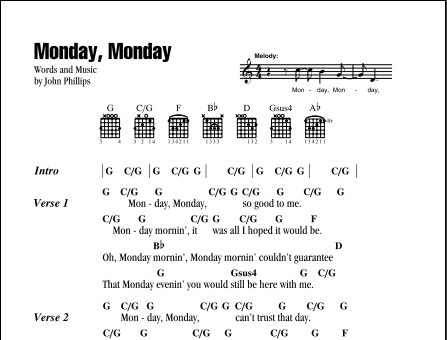 Monday, Monday - Guitar Chords/Lyrics, New, Main
