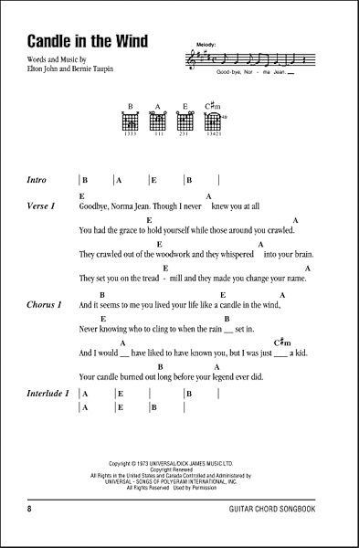 Candle In The Wind - Guitar Chords/Lyrics, New, Main