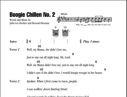 Boogie Chillen No. 2 - Guitar Chords/Lyrics, New, Main