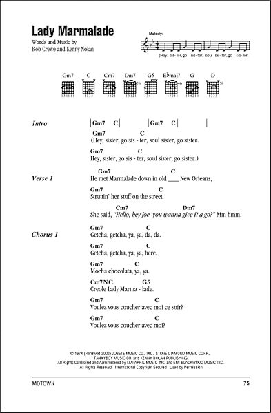 Lady Marmalade - Guitar Chords/Lyrics, New, Main