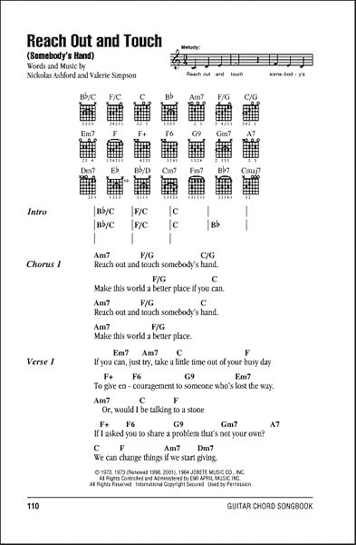 Reach Out And Touch (Somebody's Hand) - Guitar Chords/Lyrics, New, Main