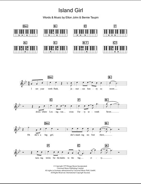 Island Girl - Piano Chords/Lyrics, New, Main